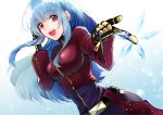  1girl artist_request belt blue_hair bodysuit breasts chaps cropped_jacket gloves ice jacket kula_diamond long_hair looking_at_viewer medium_breasts red_eyes smile solo the_king_of_fighters the_king_of_fighters_xiv zipper 