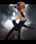 1girl animal_ears animal_hood blue_eyes breasts breath_of_fire breath_of_fire_v cat_ears cat_hood closed_mouth commentary_request dress gloves gun hood lin_(breath_of_fire) looking_at_viewer mitosa ribbed_sweater short_hair sleeveless sweater tail thigh-highs weapon 