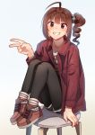  1girl ahoge arm_support black_legwear blush brown_hair coat drill_hair eyebrows_visible_through_hair grin idolmaster idolmaster_million_live! kamille_(vcx68) long_sleeves looking_at_viewer pantyhose parted_lips scrunchie shoes short_hair side_drill sitting smile sneakers solo stool teeth v violet_eyes yokoyama_nao 