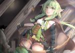  1girl arrow belt black_belt black_bow black_gloves blush bow bow_(weapon) breasts brown_cape brown_shorts cape commentary_request detached_sleeves elf eyebrows_visible_through_hair gloves goblin_slayer! green_eyes green_hair green_legwear hair_between_eyes hair_bow hair_ornament high_elf_archer_(goblin_slayer!) highres holding holding_arrow holding_bow_(weapon) holding_weapon long_hair looking_at_viewer mia_(kuja999) mismatched_sleeves open_mouth pointy_ears shorts sidelocks small_breasts solo thigh-highs upper_teeth weapon 