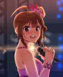  1girl ahoge bare_shoulders blush bracelet breasts brown_hair dress drill_hair earrings eyebrows_visible_through_hair flower_earrings from_side holding holding_microphone idolmaster idolmaster_million_live! idolmaster_million_live!_theater_days jewelry kamille_(vcx68) large_breasts looking_at_viewer microphone necklace open_mouth pink_dress short_hair side_drill smile solo sweat teeth violet_eyes yokoyama_nao 