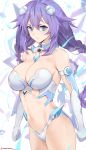  1girl armor artist_name bare_shoulders bikini_armor blue_eyes braid breasts cleavage closed_mouth cowboy_shot detached_collar elbow_gloves gloves hair_ornament highres large_breasts long_hair looking_at_viewer midriff navel neptune_(series) purple_heart sendrawz sidelocks skindentation solo symbol-shaped_pupils twin_braids twitter_username white_gloves 