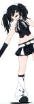  1girl :d bangs bare_shoulders belt belt_buckle black_footwear black_gloves black_hair black_ribbon black_skirt breasts buckle buttons chromatic_aberration crop_top elbow_gloves esu_(transc) gloves green_eyes hair_between_eyes hair_ribbon long_hair looking_at_viewer medium_breasts miniskirt navel neck_ribbon neo_(rwby) open_mouth ribbon rwby shoes skirt sleeveless smile socks solo teeth twintails white_belt white_legwear white_ribbon 