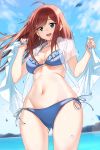 1girl :d ahoge bangs bikini blue_bikini blue_eyes blue_nails blue_ribbon blue_sky blush breasts brown_hair collarbone commentary_request cowboy_shot day eyebrows_visible_through_hair floating_hair frilled_bikini_top frills from_below glint gluteal_fold go-toubun_no_hanayome highres holding jewelry long_hair looking_at_viewer looking_down medium_hair mountainous_horizon nail_polish nakano_miku navel open_clothes open_mouth open_shirt outdoors petals ribbon round_teeth see-through short_sleeves side-tie_bikini single_earring sky smile solo stomach swimsuit teeth under_boob upper_teeth water wind zhanzheng_zi 
