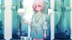  1girl collarbone cowboy_shot eyebrows_visible_through_hair fate/grand_order fate_(series) gina_61324 hair_between_eyes highres hospital_gown laboratory looking_at_viewer mash_kyrielight pink_hair shiny shiny_hair short_hair solo standing violet_eyes 