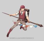  1boy bag belt boots cuboon fire_emblem fire_emblem_echoes:_mou_hitori_no_eiyuuou fire_emblem_heroes full_body grey_background lukas_(fire_emblem) male_focus necktie nintendo official_art red_eyes redhead solo staff 