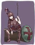  1girl armor blue_eyes breastplate full_body greaves helmet holding holding_spear holding_weapon muutya original plume polearm shield signature simple_background sitting solo spear weapon 