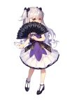  1girl absurdres child choker commentary_request covering_face daye_bie_qia_lian dress fan full_body grey_hair hair_ribbon highres holding holding_fan layered_dress looking_at_viewer ribbon romantic_saga_of_beauty_&amp;_devil skirt socks solo transparent_background yellow_eyes 