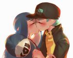  1boy 1girl arm_grab bangs baseball_cap black_headwear blue_hair blue_headwear blunt_bangs blush closed_eyes commentary_request domino_mask facing_another from_side green_hair hat hat_removed headwear_removed hetero holding holding_hat inkling jacket kiss long_hair maimo mask pointy_ears print_hat simple_background splatoon splatoon_(series) splatoon_2 sweat tentacle_hair white_background yellow_jacket 