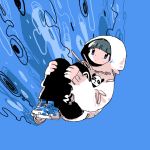  1girl bangs black_pants blue_background blue_eyes blue_footwear blunt_bangs drawstring expressionless fetal_position full_body hood hood_up knees_up long_sleeves original panda pants shoes solo soyacomu white_hoodie 