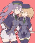  2girls akizuki_maku bangs black_jacket black_legwear blue_headwear breasts character_request commentary_request dot_nose eyebrows_visible_through_hair fate/grand_order fate_(series) fujimaru_ritsuka_(female) green_neckwear hair_between_eyes hat jacket large_breasts long_hair long_sleeves looking_at_viewer medium_hair multiple_girls necktie one_eye_closed one_side_up open_mouth orange_eyes orange_hair red_background shirt side_ponytail simple_background sion_eltnam_atlasia skirt smile uniform violet_eyes white_shirt white_skirt 