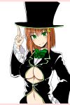  bangs black_headwear black_jacket blush bow bowtie breasts brown_hair center_opening closed_mouth commentary_request eyebrows_visible_through_hair frilled_sleeves frills green_bow green_eyes green_neckwear hair_ornament hairclip hako_roku hand_on_hip hat highres jacket large_breasts letterboxed long_sleeves looking_at_viewer navel no_bra original short_hair simple_background smile stomach striped striped_bow striped_neckwear top_hat under_boob upper_body white_background 