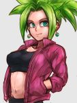  1girl black_bra black_pants blonde_hair bra breasts cleavage closed_mouth collarbone commentary_request dragon_ball dragon_ball_super earrings fusion grey_background hands_in_pockets jacket jewelry kefla_(dragon_ball) looking_at_viewer medium_breasts midriff navel open_clothes pants potara_earrings red_jacket smile solo spiky_hair sports_bra st62svnexilf2p9 stomach super_saiyan toned underwear 