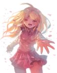  1girl ahoge akamatsu_kaede blonde_hair closed_eyes commentary_request crying dangan_ronpa highres long_hair long_sleeves manino_(mofuritaionaka) musical_note musical_note_hair_ornament musical_note_print new_dangan_ronpa_v3 open_mouth outstretched_arm petals pleated_skirt print_skirt reaching_out shirt signature skirt smile solo staff_(music) sweater_vest tears white_background white_shirt 