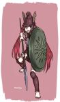  1girl armor barefoot full_body greaves helmet holding holding_spear holding_weapon long_hair muutya original polearm redhead shield signature simple_background solo spear twintails weapon 