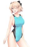  1girl absurdres ahoge arikawa_rui black_bow black_swimsuit blue_swimsuit bow breasts collarbone competition_swimsuit covered_navel cowboy_shot fate_(series) hair_bow half_updo highleg highleg_swimsuit highres large_breasts looking_at_viewer multicolored multicolored_clothes multicolored_swimsuit okita_souji_(fate) okita_souji_(fate)_(all) one-piece_swimsuit one_eye_closed open_mouth simple_background solo swimsuit white_background 