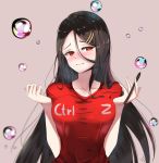  1girl absurdres bangs bare_arms black_hair blush breasts bubble closed_mouth collarbone commentary hair_between_eyes hair_ornament hairclip highres holding large_breasts long_hair looking_at_viewer lovesexieie mole mole_under_eye original parted_bangs pencil red_eyes red_shirt shirt signature solo 