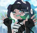  1girl :d aqua_eyes aqua_skin aqua_tongue bare_shoulders black_gloves black_hair breasts dark_skin esu_(transc) fingerless_gloves furrowed_eyebrows gloves goggles goggles_on_head gradient_hair green_hair hands_up horizontal_pupils iida_(splatoon) looking_at_viewer medium_breasts mole mole_under_mouth multicolored_hair octarian open_mouth pink_pupils short_hair smile solo splatoon splatoon_(series) splatoon_2 suction_cups tentacle_hair two-tone_hair two-tone_skin upper_body 