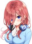  1girl :t bangs blue_cardigan blue_eyes blush breasts buttons closed_mouth collared_shirt go-toubun_no_hanayome hair_between_eyes hair_over_one_eye headphones headphones_around_neck highres large_breasts long_hair looking_at_viewer nakano_miku nazuna_shizuku pout redhead school_uniform shirt sidelocks simple_background solo upper_body white_background white_shirt 