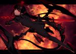  1girl ass black_bodysuit black_hair bodysuit closed_mouth holding holding_sword holding_weapon konshin letterboxed looking_at_viewer low_wings pixiv_fantasia pixiv_fantasia_last_saga pointy_ears ponytail red_eyes solo sword tail weapon wings 