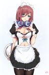  1girl alternate_costume apron arm_behind_back bangs black_legwear blue_eyes blush breasts cleavage cleavage_cutout cyicheng eyebrows_visible_through_hair go-toubun_no_hanayome hair_between_eyes hand_on_own_chest headphones headphones_around_neck holding holding_tray large_breasts long_hair looking_at_viewer maid maid_apron maid_dress maid_headdress nakano_miku navel navel_cutout pantyhose parted_lips simple_background solo tray waist_apron white_apron white_background 