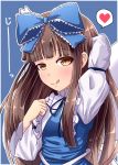  1girl :q arm_behind_head bangs blue_background blue_dress blue_ribbon blunt_bangs blush breasts brown_eyes brown_hair commentary_request curled_fingers dress eyebrows_visible_through_hair fairy_wings fusu_(a95101221) hair_ribbon hand_on_own_chest heart high_collar highres long_hair long_sleeves looking_at_viewer naughty_face neck_ribbon outline pinafore_dress ribbon shirt sidelocks simple_background slit_pupils small_breasts solo speech_bubble spoken_heart standing star_sapphire tongue tongue_out touhou upper_body very_long_hair white_shirt wings 