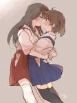  2girls akagi_(kantai_collection) black_legwear blue_skirt blush brown_eyes brown_hair cowboy_shot facing_another from_side hakama_skirt hug ina_(1813576) japanese_clothes kaga_(kantai_collection) kantai_collection kiss long_hair looking_at_another multiple_girls pink_background red_skirt side_ponytail simple_background skirt straight_hair tasuki white_legwear yuri 