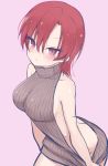 1girl backless_dress backless_outfit bare_arms bare_shoulders bazett_fraga_mcremitz blush breasts commentary_request dress eyebrows_visible_through_hair fate/hollow_ataraxia fate_(series) hair_between_eyes highres kamu_(geeenius) large_breasts looking_at_viewer meme_attire mole mole_under_eye naked_sweater no_bra no_panties pink_background redhead short_hair simple_background solo sweater sweater_dress turtleneck turtleneck_sweater virgin_killer_sweater