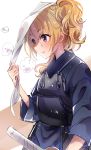  1girl blonde_hair closed_mouth eyebrows_visible_through_hair hand_up idolmaster idolmaster_cinderella_girls japanese_clothes kakitsubata_zero kiryuu_tsukasa_(idolmaster) long_hair muneate shinai sleeves_past_elbows solo sweat sword violet_eyes weapon wide_sleeves 