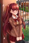  1girl bag bangs blazer blush bow bowtie breasts brown_jacket collared_shirt day eyebrows_visible_through_hair gate girls_frontline hair_ribbon half_updo highres holding holding_bag jacket jojobirdz large_breasts long_hair looking_at_viewer one_side_up outdoors plaid plaid_skirt pleated_skirt purple_hair red_eyes red_neckwear red_skirt ribbon school_bag shirt skirt solo tsundere uniform wa2000_(girls_frontline) white_shirt wind 
