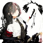  1girl armband bangs belt bird black_hair black_jacket black_neckwear breasts collared_shirt crane_(animal) grey_eyes grey_hair hair_between_eyes hair_ornament hair_over_one_eye hairclip highres jacket katana long_hair looking_at_viewer medium_breasts multicolored_hair naruwe necktie off_shoulder open_clothes open_jacket original redhead shirt sidelocks solo streaked_hair sword upper_body weapon white_shirt 