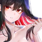  1girl absurdres bangs bare_shoulders black_hair breasts close-up collarbone commentary gradient_hair hair_between_eyes hand_up head_tilt highres holding holding_hair long_hair looking_at_viewer multicolored_hair original parted_lips red_eyes redhead revision sidelocks simple_background solo sunhyun tattoo teeth upper_body white_background 