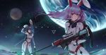  2girls absurdres alternate_costume animal_ears arm_up bangs blue_hair bodysuit breasts commentary_request covered_navel feet_out_of_frame floating_hair gun highres holding holding_weapon looking_at_viewer low_twintails medium_breasts moon multiple_girls planet purple_hair rabbit_ears red_eyes reisen_udongein_inaba rifle seiran_(touhou) short_hair sky small_breasts space standing star_(sky) starry_sky thighs touhou twintails upper_body weapon white_bodysuit wrist_cuffs xtears_kitsune 
