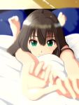  1girl bed_sheet bedroom black_shirt blurry blurry_background blurry_foreground brown_hair earrings green_eyes hair_between_eyes highres idolmaster idolmaster_cinderella_girls indoors jewelry long_hair looking_at_viewer lying on_stomach shibuya_rin shiki_(0802makimari) shirt short_sleeves smile solo 