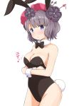  1girl :o aikawa_ryou animal_ears arms_under_breasts bare_arms bare_shoulders black_bow black_flower blue_eyes blush bow breasts bunny_tail bunnysuit cleavage collarbone commentary_request dot_nose eyebrows_visible_through_hair fate/grand_order fate_(series) flower hair_flower hair_ornament heart highres katsushika_hokusai_(fate/grand_order) large_breasts looking_at_viewer rabbit_ears red_flower red_heart short_hair simple_background solo tail translation_request white_background wrist_cuffs 