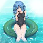  1girl aiza-ku black_swimsuit blue_eyes blue_hair breasts chinese_commmentary collarbone commentary_request covered_navel date_a_live feet_out_of_frame head_tilt innertube knees_together long_hair looking_at_viewer school_swimsuit small_breasts smile solo swimsuit thigh-highs water wet wet_clothes wet_swimsuit white_legwear yoshino_(date_a_live) 
