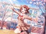 1girl bang_dream! blush brown_hair cherry_blossoms cloud day looking_at_viewer official_art open_mouth school_uniform short_hair smile solo sparkle star_hair_ornament sunlight toyama_kasumi violet_eyes