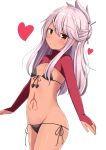  1girl absurdres aikawa_ryou bikini black_bikini blush chloe_von_einzbern commentary_request dark_skin dot_nose eyebrows_visible_through_hair fate/grand_order fate/kaleid_liner_prisma_illya fate_(series) flat_chest hair_between_eyes hair_ornament heart highres long_hair long_sleeves looking_at_viewer navel red_heart smile solo swimsuit tattoo upper_body white_hair 