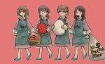  4girls apron aqua_footwear bag bangs basket black_eyes blush closed_eyes collared_dress commentary_request dragging dress egg expressionless eyebrows_visible_through_hair food fruit full_body holding holding_bag holding_egg holding_food holding_fruit long_sleeves low_twintails medium_hair multiple_girls open_mouth original outline oversized_food pink_background ponytail purple_dress sakura_szm shoes short_hair simple_background smile strawberry twintails walking white_outline 