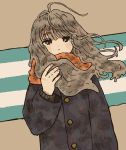  1girl bangs black_eyes blush brown_hair dutch_angle expressionless eyebrows_visible_through_hair hand_up highres long_hair long_sleeves looking_at_viewer orange_scarf original sakura_szm scarf solo striped striped_background upper_body wind winter_clothes 