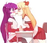  black_legwear blonde_hair blue_eyes blush bow chair commentary desk english_commentary eye_contact eyebrows_visible_through_hair face-to-face food hair_bow hand_holding interlocked_fingers long_hair long_sleeves looking_at_another nanamori_school_uniform pantyhose pleated_skirt pocky pocky_kiss purple_hair red_bow red_skirt rtil school_desk school_uniform shared_food simple_background sitting skirt sugiura_ayano toshinou_kyouko very_long_hair violet_eyes white_background yuri yuru_yuri 