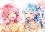 2girls :d ^_^ aqua_hair bang_dream! bangs blue_hair blush bouquet cardigan cherry_blossoms closed_eyes collared_shirt eyebrows_visible_through_hair flower frills hair_flower hair_ornament hand_to_own_mouth holding holding_bouquet jewelry long_hair long_sleeves maruyama_aya matsubara_kanon minori_(faddy) multiple_girls neck_ribbon necklace one_side_up open_mouth petals pink_flower pink_hair pink_shirt ribbon shirt side_ponytail smile upper_body white_background yellow_cardigan