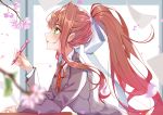  1girl artist_name blurry_foreground brown_hair character_name cherry_blossoms commentary doki_doki_literature_club english_commentary english_text eyebrows_visible_through_hair green_eyes hair_ribbon highres long_hair long_sleeves monika_(doki_doki_literature_club) paper pen petals ponytail profile ribbon school_uniform solo white_ribbon xhunzei 