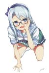  glasses hairband kantai_collection kneeling long_hair pooor sagiri_(kantai_collection) school_uniform serafuku short_sleeves silver_hair socks violet_eyes white_legwear 