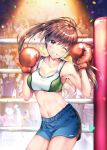  1girl ;d ahoge armpits bare_arms bare_shoulders blue_shorts blurry boxing_gloves boxing_ring breasts brown_hair cleavage collarbone commentary_request confetti contrapposto cowboy_shot crowd floating_hair hands_up long_hair looking_at_viewer medium_breasts midriff mouth_hold navel one_eye_closed open_mouth original ponytail rei_(rei&#039;s_room) short_shorts shorts smile solo_focus sports_bra standing stomach thighs violet_eyes 