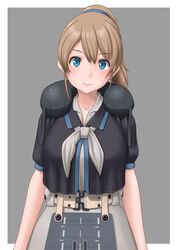  1girl belt black_shirt blue_eyes breasts brown_belt brown_hair grey_background grey_neckwear hair_between_eyes highres intrepid_(kantai_collection) kantai_collection large_breasts life_preserver looking_at_viewer neck_pillow neckerchief ponytail shirt short_hair short_sleeves skirt solo t2r upper_body white_shirt white_skirt 