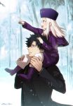  1girl black_hair black_jacket black_neckwear boots coat crying emiya_kiritsugu fate/zero fate_(series) father_and_daughter floating_hair grey_shirt grin hand_on_another&#039;s_head hat illyasviel_von_einzbern index_finger_raised jacket long_hair long_sleeves meiji_ken necktie open_clothes open_jacket pants purple_capelet purple_coat purple_footwear purple_headwear red_eyes scarf shirt silver_hair smile solo spiky_hair twitter_username white_pants white_scarf winter_clothes winter_coat 