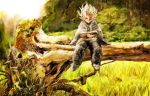  1boy belafu_(human) book burn_scar cloak facial_scar fallen_tree full_body grey_eyes holding holding_book made_in_abyss male_focus nature outdoors pants pumichi reading scar sitting solo spiky_hair white_hair 