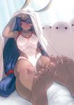  &lt;o&gt;_&lt;o&gt; 1girl absurdres armpits aya_shobon barefoot blush covered_navel dark_skin earrings facial_tattoo fate/grand_order fate_(series) feet highres jewelry lifting_covers long_hair looking_at_viewer medjed necklace nitocris_(fate/grand_order) nitocris_(swimsuit_assassin)_(fate) one-piece_swimsuit paid_reward patreon_reward pov_feet purple_hair sitting soles swimsuit tattoo toes violet_eyes 