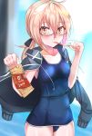  1girl ahoge artoria_pendragon_(all) black-framed_eyewear black_bow blonde_hair blue_swimsuit bow breasts collarbone cowboy_shot eyebrows_visible_through_hair fate/grand_order fate_(series) glasses grey_jacket hair_between_eyes hair_bow highres jacket long_hair long_sleeves looking_at_viewer mysterious_heroine_x_(alter) open_clothes open_jacket ponytail school_swimsuit semi-rimless_eyewear shiny shiny_skin small_breasts solo standing swimsuit tapioka_(oekakitapioka) under-rim_eyewear yellow_eyes 